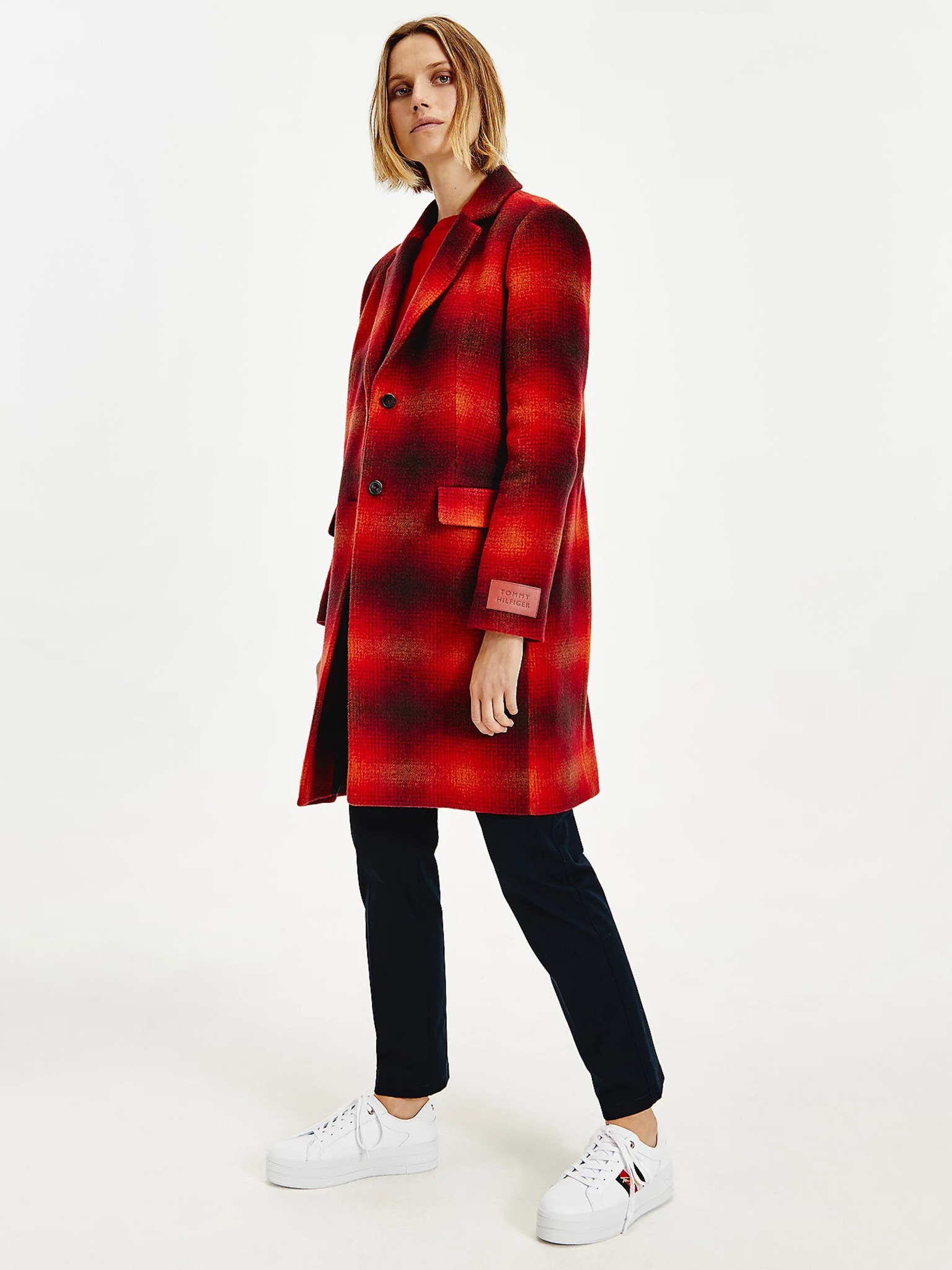 Fotografie Červený dámský kabát s příměsí vlny Tommy Hilfiger - M