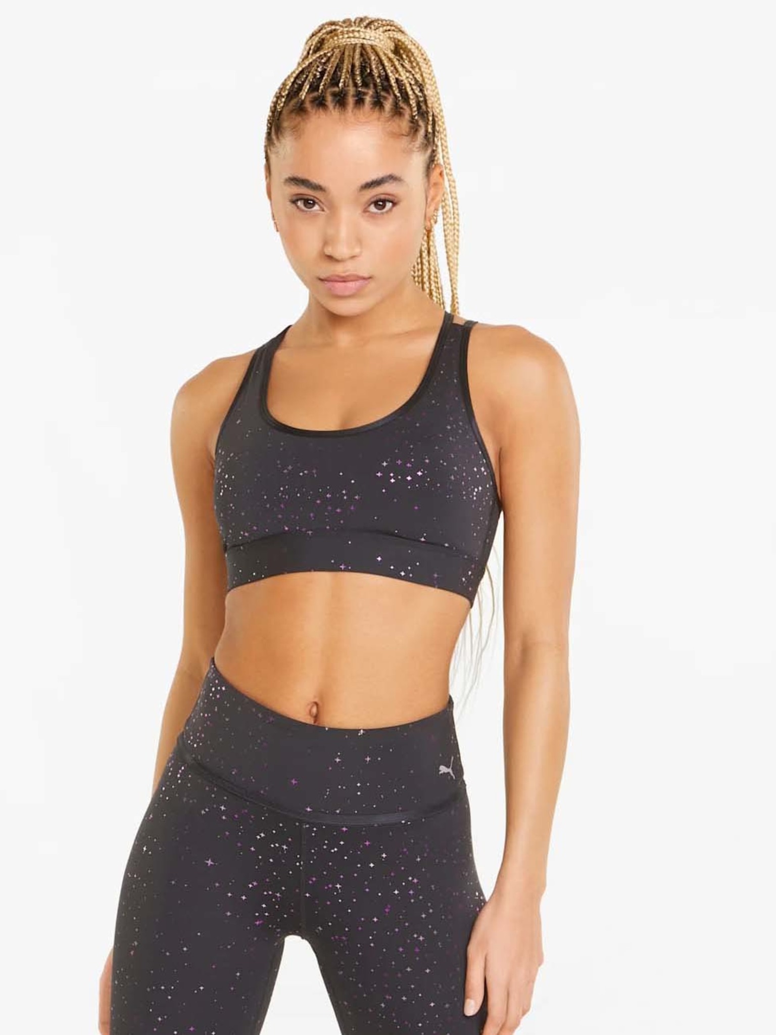 Double Back Alloy-speckled Sports Bra In Black/white