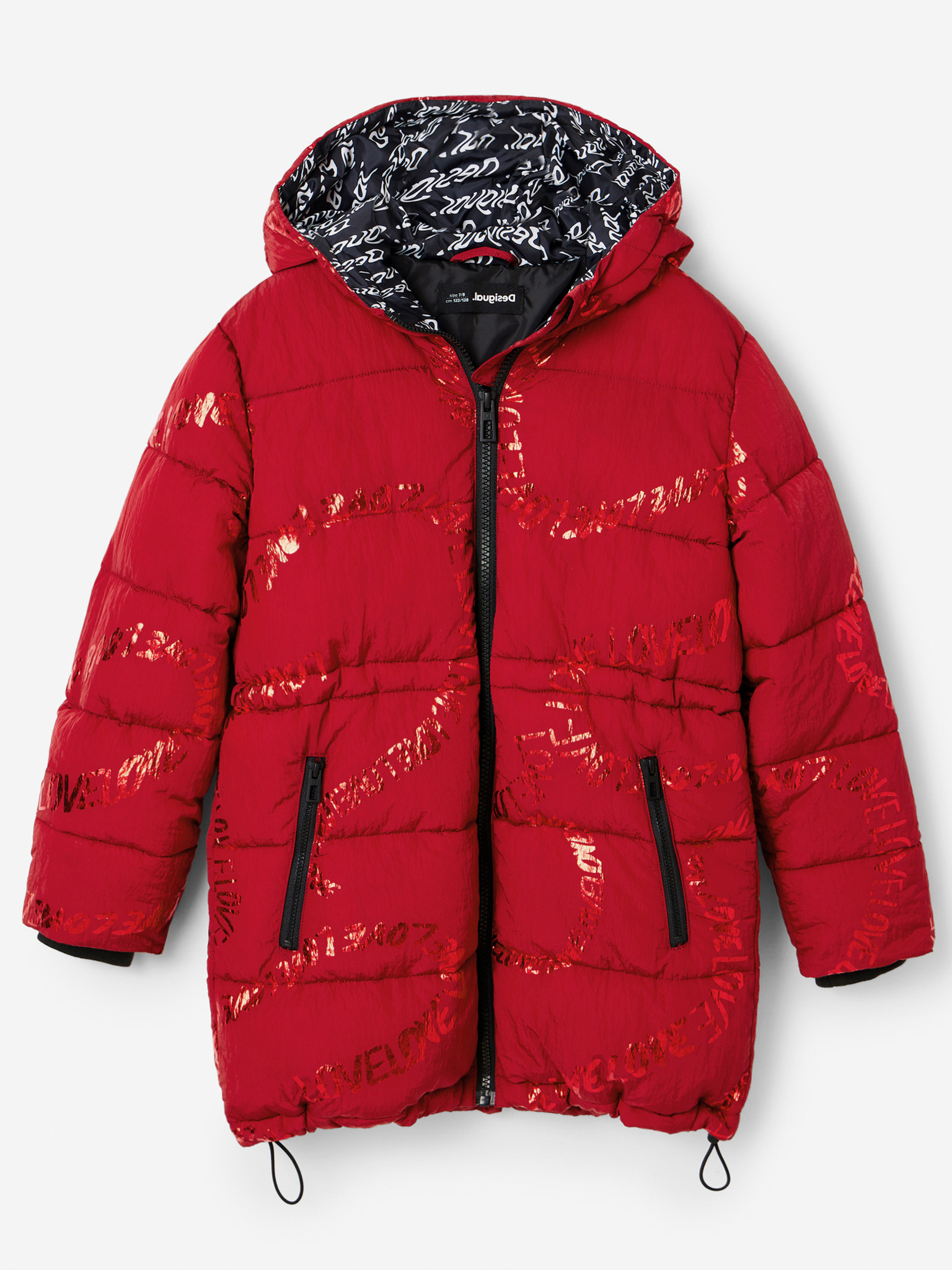 Fotografie Červený holčičí zimní prošívaný kabát Desigual Letters - 122-128