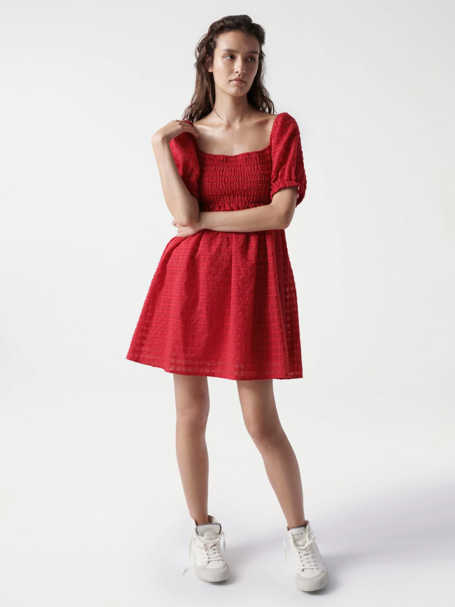 Fotografie Červené krátké šaty s balonovými rukávy Salsa Jeans Aruba - XL