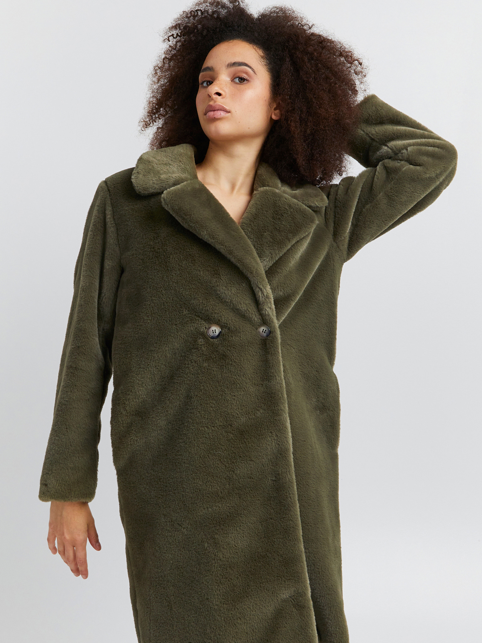 Fotografie Khaki dámský kabát z umělého kožíšku ICHI - XL