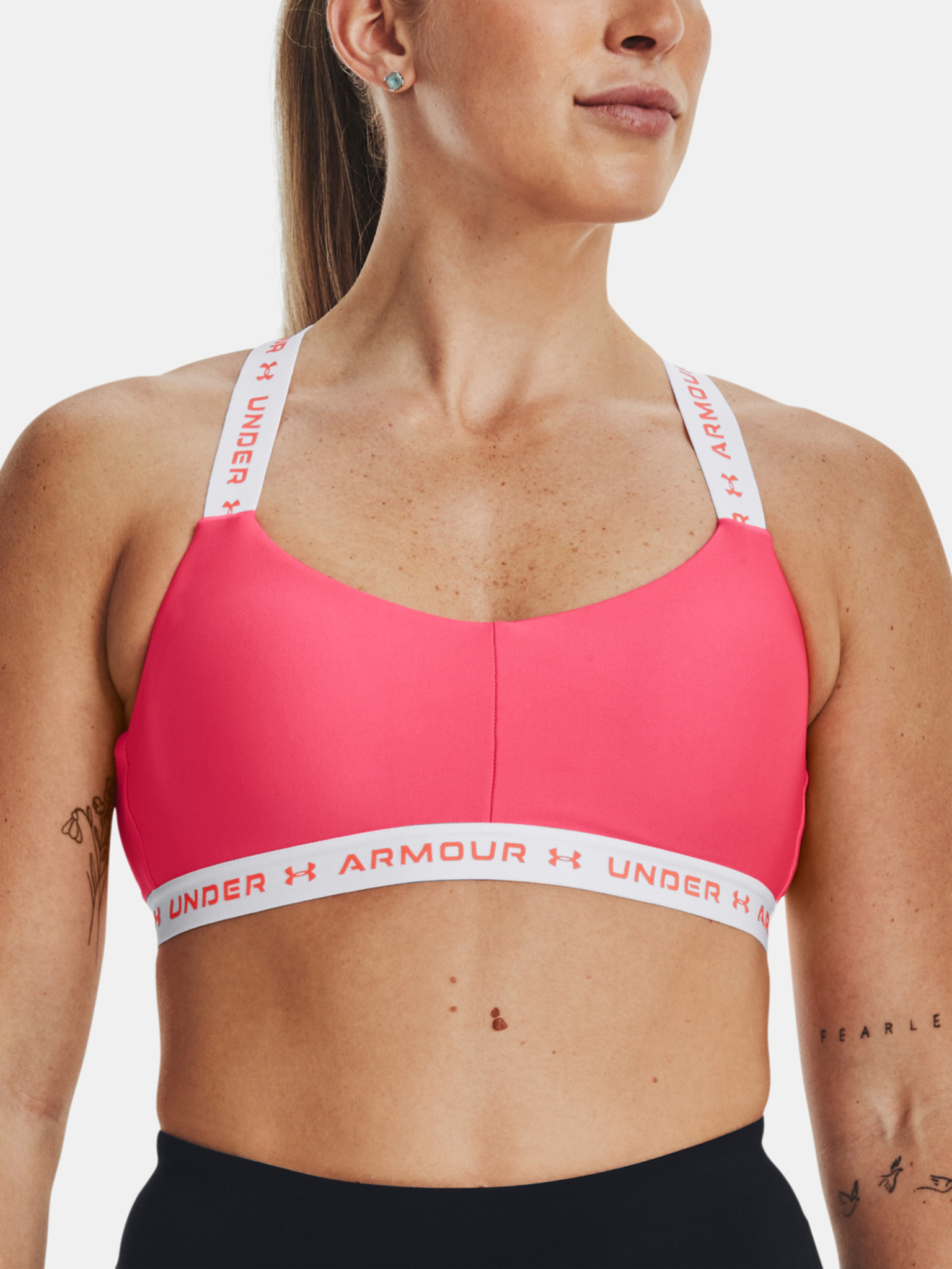 Under Armour Sports Bra XL Pink Padded Scoop Neck Stretch Cross Strap Back